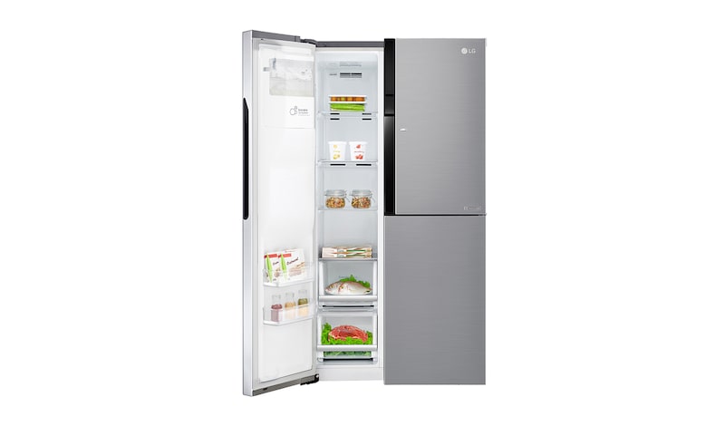 LG Side-by-Side mit Door-in-Door® | Eis-, Crushed Ice- und Wasserspender | 606 Liter Kapazität | Energieeffizienzklasse F | Interner Wassertank 4L | Steel | GSJ561PZUZ, GSJ561PZUZ